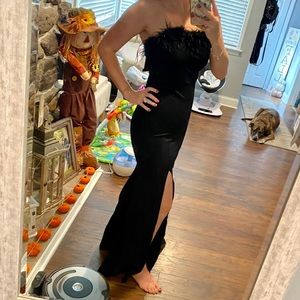 Strapless black gown with “feathery” top